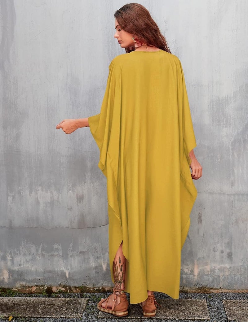 Bsubseach Women Solid Color Cover Up V Neck Batwing Sleeve Plus Size Beach Kaftan Dresses - Image 5
